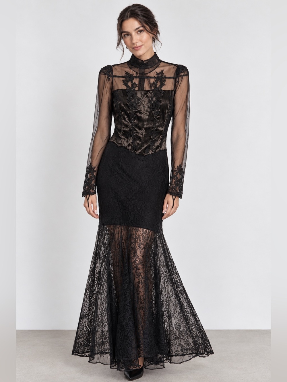 Black Goth Maxi Dress Mock Neck Sheer Mesh Long Sleeve Lace Mermaid Hem